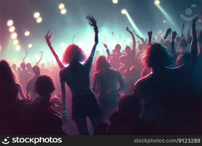 Party people on the show. Night club with lights and dancing people. Party crowd. Generated AI