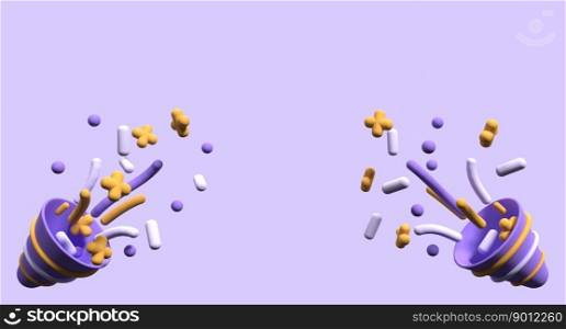 Party popper icon with confetti. Exploding party popper. Birthday and anniversary cone popper. Firecracker explodes. 3d render illustration
