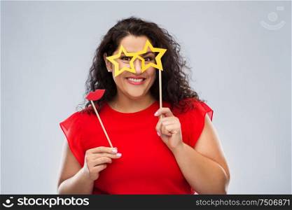 party props, photo booth and people concept - funny woman with star shaped glasses and red lips over grey background. funny woman with star shaped glasses and red lips