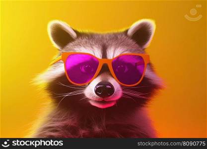 Party raccoon in sunglasses on colorful background. Pop art style in neon colors. Generative AI. Raccoon in sunglasses, neon background. Pop art style portrait. Generative AI