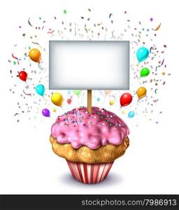 Party sign concept as a frosted dessert cupcake with a blank card as a symbol of celebration for a birthday or anniversary or an award for the winner of a bake sale with balloons and confetti celebrating a fun event.