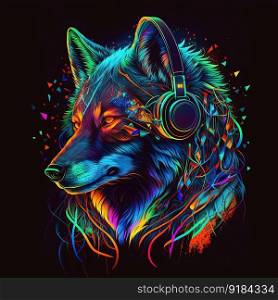 Party wolf in headphones listening music on black background. Pop art style with paint splashes in neon colors. Generative AI. Cool neon party wolf in headphones on black background. Generative AI