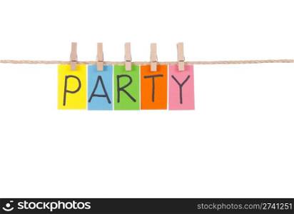 Party, Wooden peg and colorful words series on rope