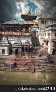 Pashupatinath temple complex of Hinduism, located on the Bagmati River, Kathmandu, Nepal.. Pashupatinath temple complex of Hinduism