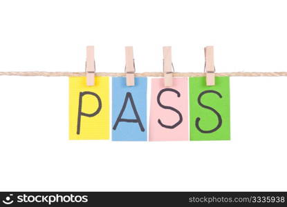 Pass, Colorful words hang on rope by wooden peg