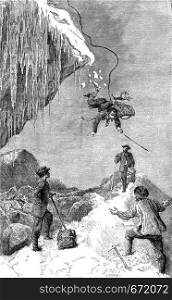 Passage of the glacier bergschrund Pilatte, vintage engraved illustration. Le Tour du Monde, Travel Journal, (1872).