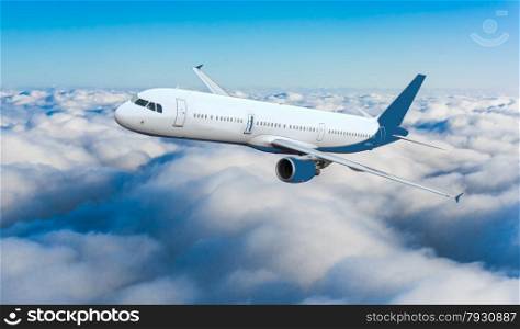 Passenger airliner flight in the blue sky