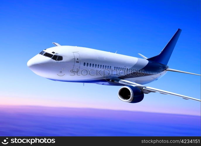 Passenger airplane in the blue sky landing away