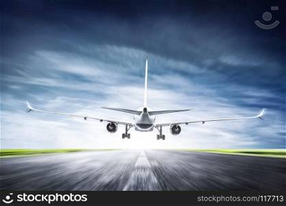 Passenger airplane taking off on runway. Aircraft, airline transportation industry. 3D illustration. Passenger airplane taking off on runway