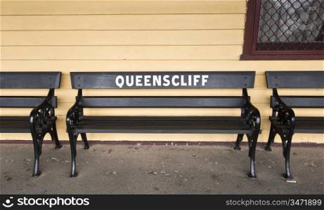 Passenger bench at the Queenscliff Railway Station (c1879), the only timber railway station in Victoria, Australia.