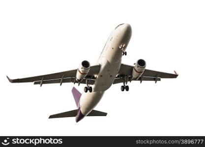 Passenger business airplane take off and flying on white background, use for air transport, journey and travel concept