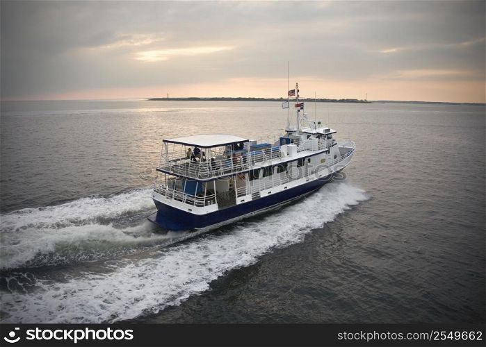Passenger ferry crossing sea at Bald Head Island, North Carolina.