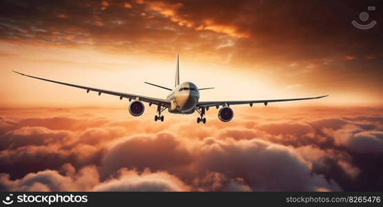 Passengers commercial airplane flying above clouds on sunset. Airliner in flight. Generative AI.. Passengers commercial airplane flying above clouds on sunset. Airliner in flight. Generative AI