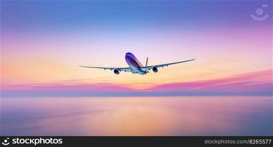 Passengers commercial airplane flying above sea surface on colorful paradise sunset. Airliner in flight. Generative AI.. Passengers commercial airplane flying above sea surface on colorful paradise sunset. Airliner in flight. Generative AI