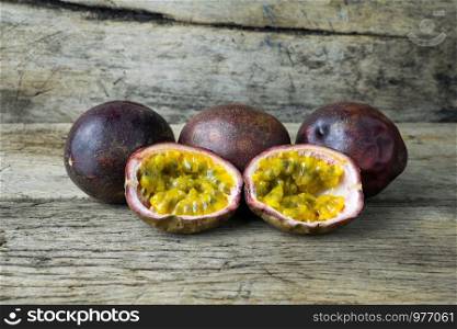 Passion fruit on wooden table