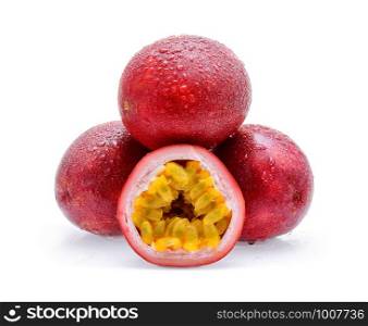 Passion fruit with drop of water isolated on white background.