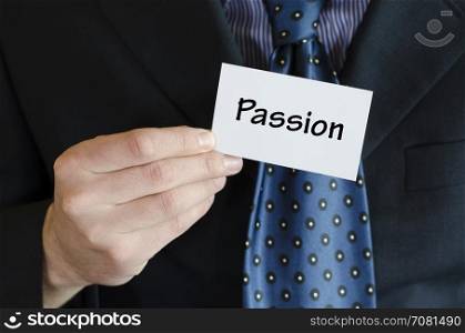 Passion text note concept over business man background