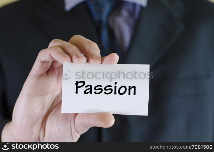 Passion text note concept over business man background