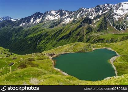 Passo Gavia, Brescia province, Lombardy, Italy  landscape along the mountain pass at summer. Lake