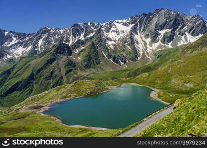 Passo Gavia, Brescia province, Lombardy, Italy  landscape along the mountain pass at summer. Lake