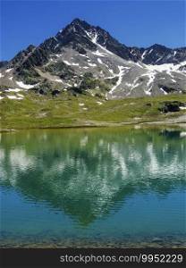 Passo Gavia, Sondrio province, Lombardy, Italy  landscape along the mountain pass at summer. Lake