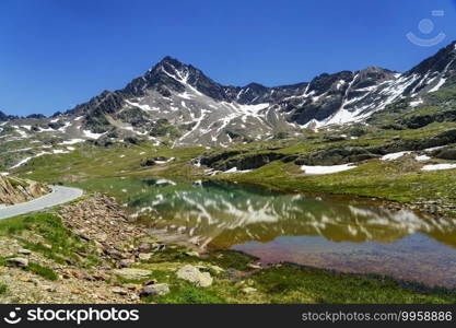 Passo Gavia, Sondrio province, Lombardy, Italy  landscape along the mountain pass at summer. Lake