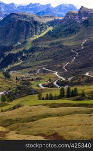 Passo Pordoi. Mountain road - serpentine in the mountains Dolomites, Italy