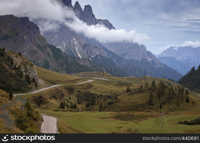 passo Rolle Pale di San Martino. Mountain road - serpentine in the mountains Dolomites, Italy