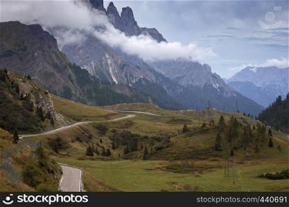passo Rolle Pale di San Martino. Mountain road - serpentine in the mountains Dolomites, Italy