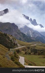 passo Rolle Pale di San Martino. Mountain road - serpentine in the mountains Dolomites, Italy