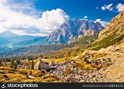 Passo Valparola high alpine pass, Cunturines-Spitze peak, Dolomites, Italy