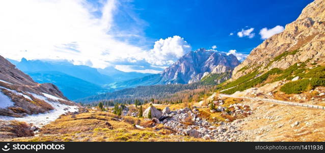 Passo Valparola high alpine pass panoramic view, Cunturines-Spitze peak, Dolomites, Italy