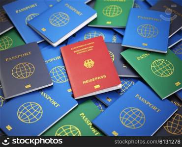 Passport of Germany on the pile of different passports. Immigration concept. 3d