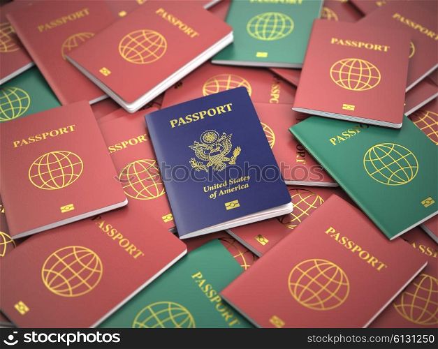 Passport of USA on the pile of different passports. Immigration concept. USA passports. 3d