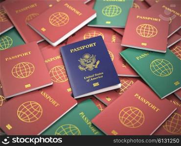 Passport of USA on the pile of different passports. Immigration concept. USA passports. 3d