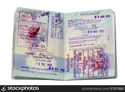 "Passport showing Thai non immigrant "O" visa, retirement visa and re-entry permit.immigration, validity"