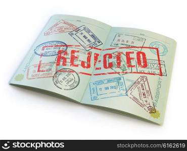 Passport with rejected visa stamp isolated on white. 3d