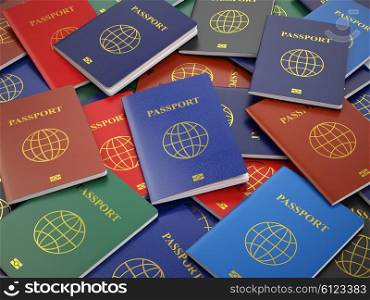 Passports, different types. Travel turism or customs concept background. 3d