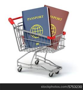 Passports in shopping cart. Paperwork to emigrate. 3d