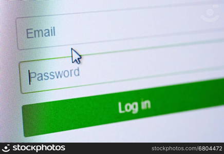 Password and email blank forms and arrow cursor at login screen on the web site.