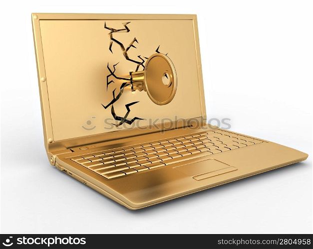 Password hacked. Key in laptop on white isolated background. 3d