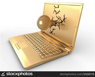 Password hacked. Key in laptop on white isolated background. 3d