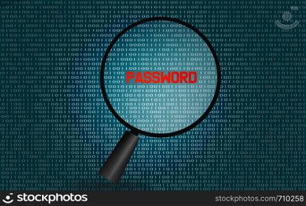 Password on digital screen with magnifying glass, 3D rendering