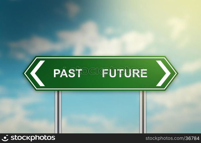 past and future on green road sign with blurred blue sky, dark and bright side concept