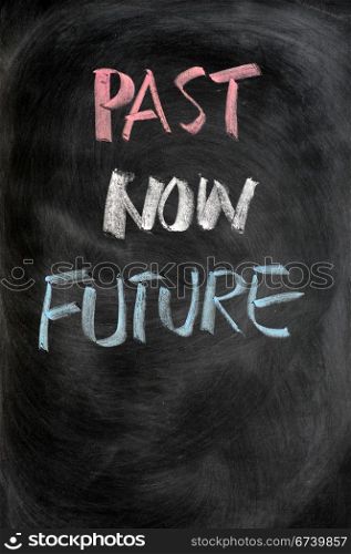 Past, now and future - words written in chalk on a blackboard