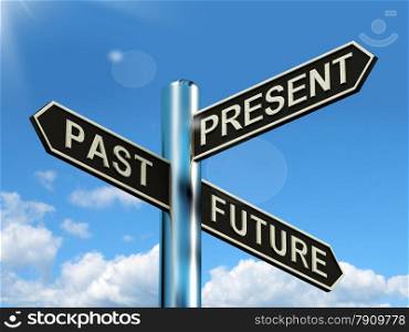 Past Present And Future Signpost Showing Evolution Destiny Or Aging. Past Present And Future Signpost Shows Evolution Destiny Or Aging
