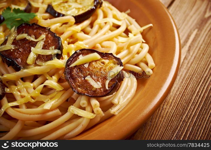 Pasta alla norma.recipe with tomato sauce, eggplant .ational dish of Sicily