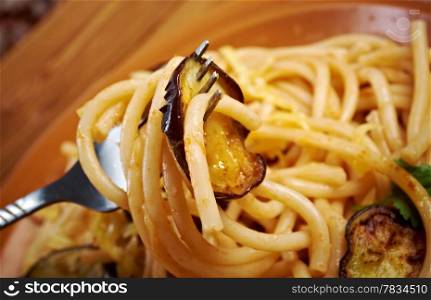 Pasta alla norma.recipe with tomato sauce, eggplant .ational dish of Sicily