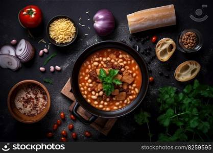 Pasta and beans soup with meat and vegetables. Generative AI