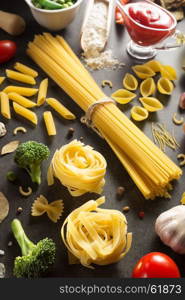 pasta and food ingredient on dark background